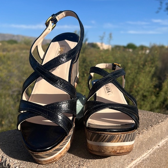 Prada Black Leather Platform Ankle Strap Wedge Sandals EU 38 - Picture 2 of 16